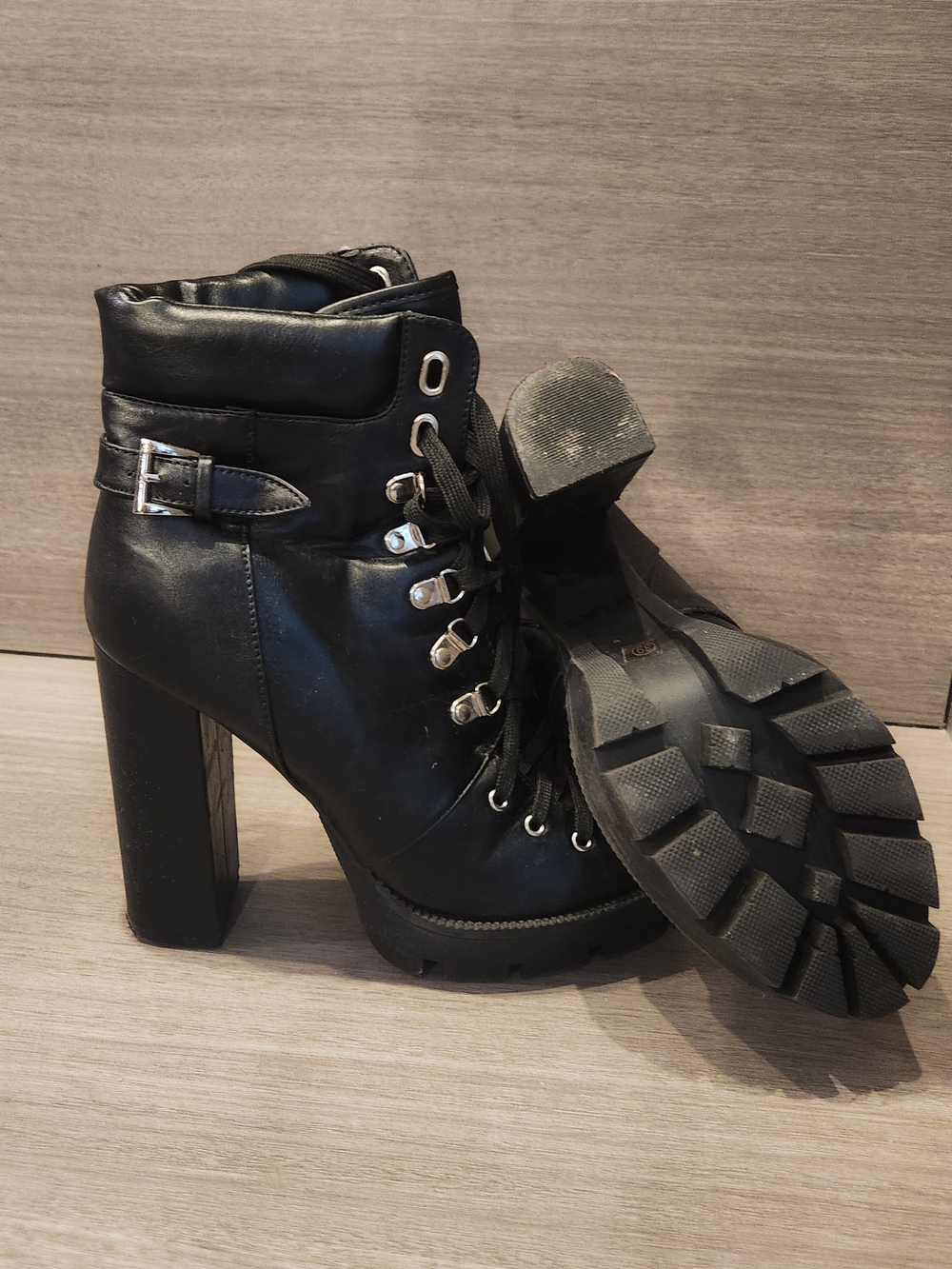 Black Lace-Up Chunky Heel Ankle Boots